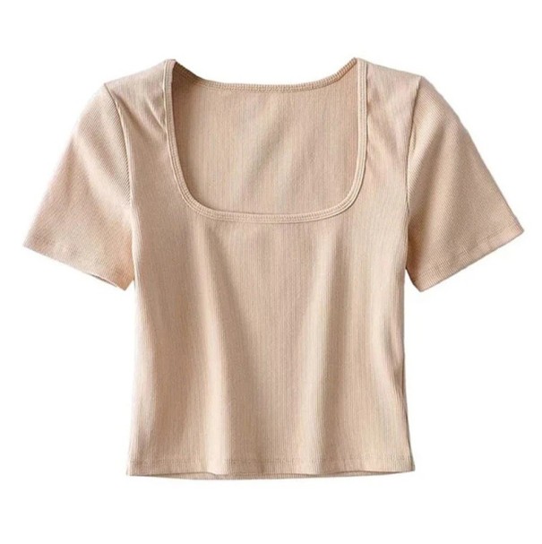Kortærmet dame-T-shirt Elegant firkantet halsudskæring Slim fit Let ribbet materiale Stilfuld basistop til hverdagsbrug beige M