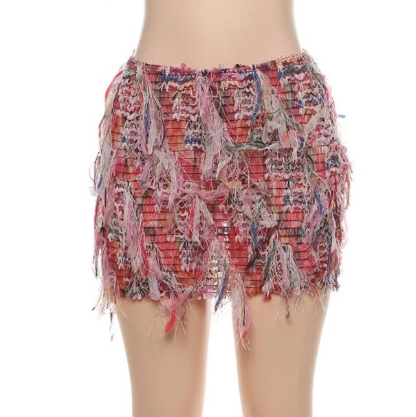 Korte transparante gebreide rok met kwastjes Sexy minirokken voor vrouwen Slanke skinny rok voor strand en feestjes Zomer doorschijnende rok roze M