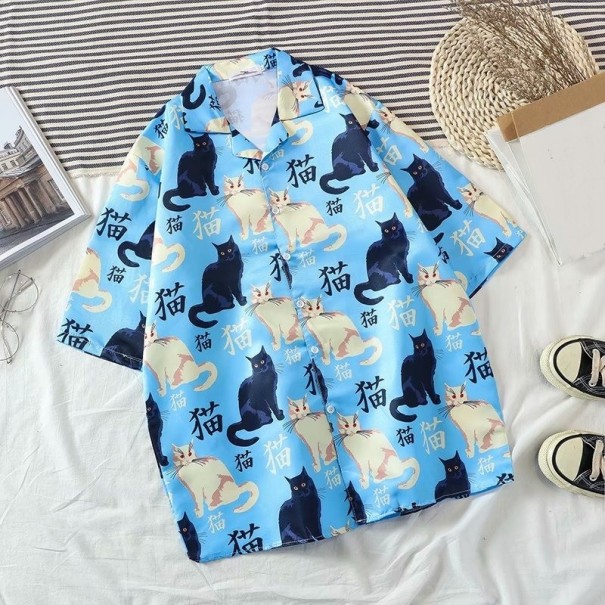 Košeľa s mačkami svetlo modrá S