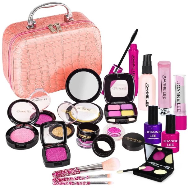 Kosmetický kufřík 20 x 8 x 19 cm Růžový make-up set pro děti 21 kusů Stimulované líčicí produkty se štětečky rtěnkou řasenkou stíny lakem a doplňky 1