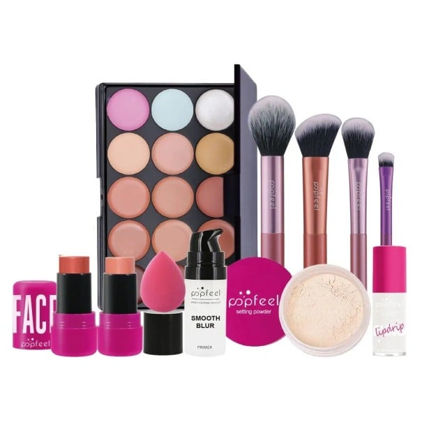 Kosmetisk make-up sæt med concealer palette, 4 børster, svamp, blush i stift, pudder, primer og læbepomade, gave til kvinder 1