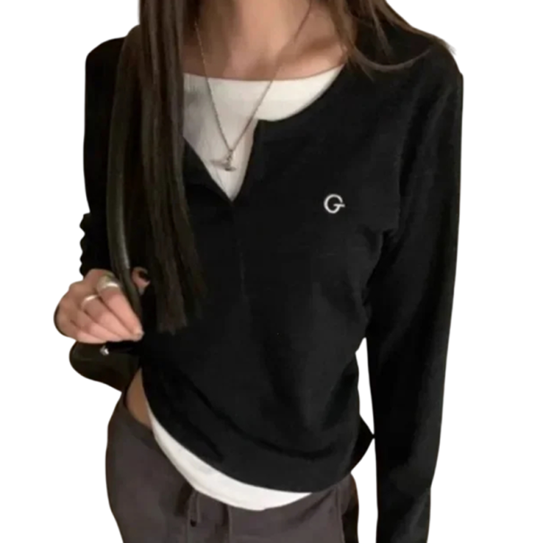 Koszulka damska z długim rękawem Elegancka koszulka z dekoltem w serek Miękki materiał Stylowy, basic top do miasta i do domu Luźna moda czarny M