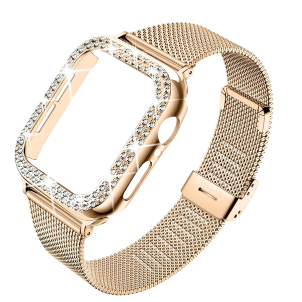 Kovband i rostfritt stål med fodral och stenar för Apple Watch Series 1 2 3 38 mm Elegant armband med skyddande klockfodral roséguld