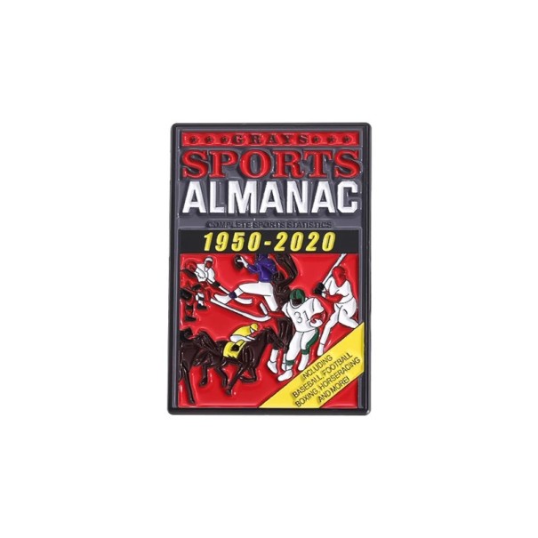 Kovig brosch Grays Sports Almanac 1950–2020 ca 2,5 x 3,8 cm flerfärgad knapp för kläder ryggsäck väska dekorativt motiv 1