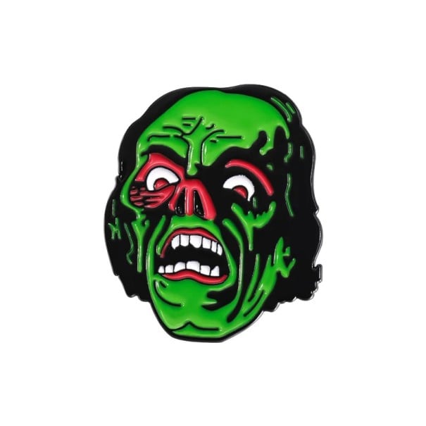 Kovinen broshi kauhuteema naamari noin 3,8 x 3 cm pinni merkki vihreä musta punainen pelottava teema Halloween vaate lisävaruste reppu 1