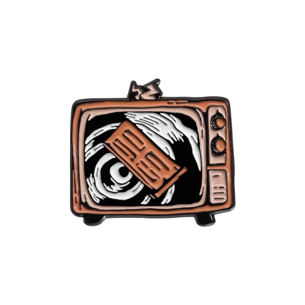 Kovinen televisiopinni ovilla noin 3 x 2,5 cm ruskea-musta Halloween kauhuteemalla pelottava lisävaruste reppuun vaatteisiin 1