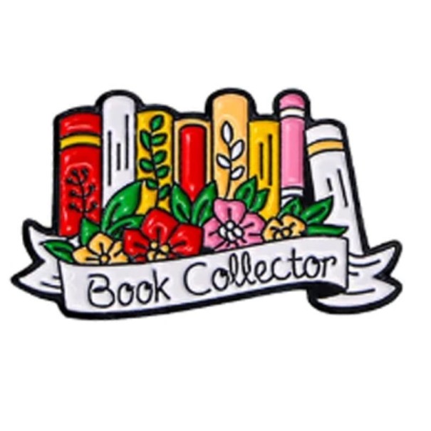 Kovová brož Book Collector s motívom kníh a kvetín 1,8 x 3 cm farebný pin odznak na oblečenie batoh knižný doplnok 1