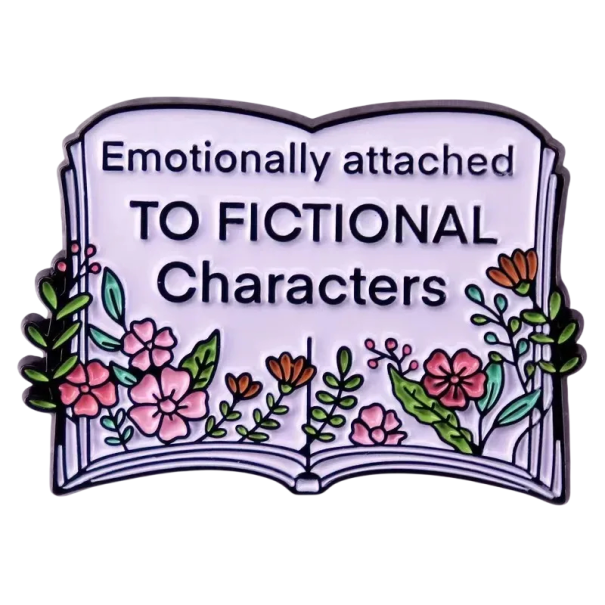 Kovová brož otevřená kniha s textem Emotionally Attached To Fictional Characters kovový pin barevný odznak na oblečení batoh 1