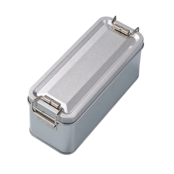 Kovová dóza na sušenky s víkem 15×6×6,5 cm plechová obdélníková krabička s klipovým uzávěrem úložný box na potraviny a drobnosti 1