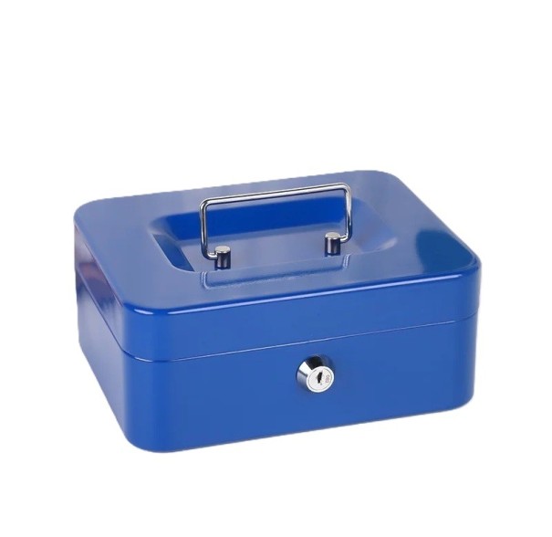 Kovová pokladnička op slot 20 x 16 x 23 cm Draagbare beveiligingsbox voor contant geld, munten en bankbiljetten met vergrendeling blauw