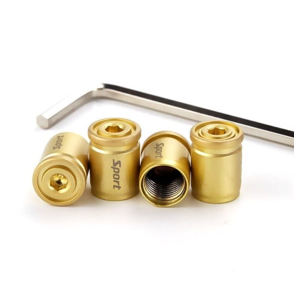 Kovové čepičky na ventilky pneumatík 4 ks Zliatina zinku Lesklý povrch s nápisom Sport Vrátane imbusového kľúča na dotiahnutie zlatá