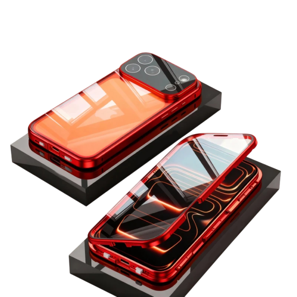 Kovový magnetický obojstranný sklenený kryt pre iPhone 17 Pro Max so zacvakávacím zámkom hliníková zliatina ochranný kryt červená