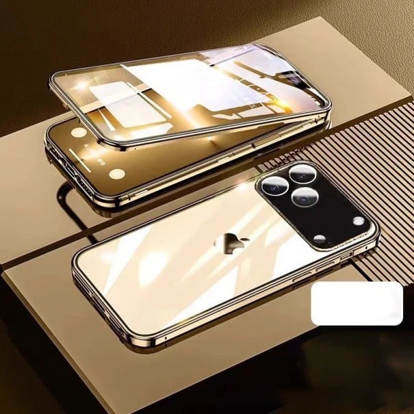 Kovový magnetický oboustranný skleněný kryt pro iPhone 17 Air, hliníková slitina, zacvakávací zámek, ochrana 360° zlatá