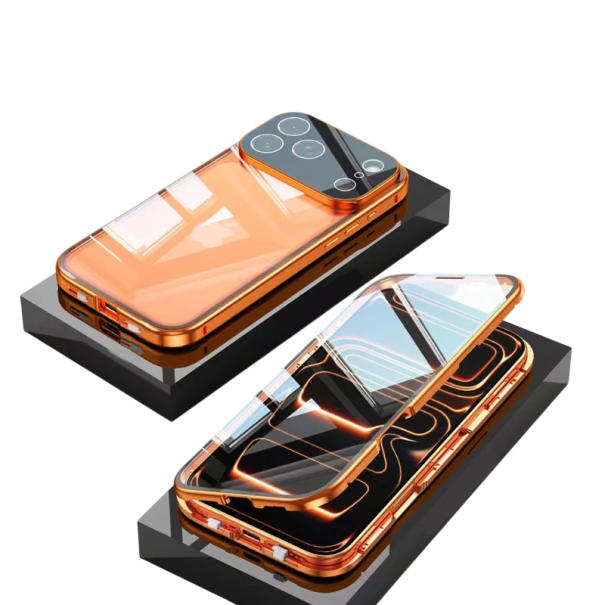 Kovový magnetický oboustranný skleněný kryt pro iPhone 17 Pro Max se zacvakávacím zámkem hliníková slitina ochranný kryt oranžová