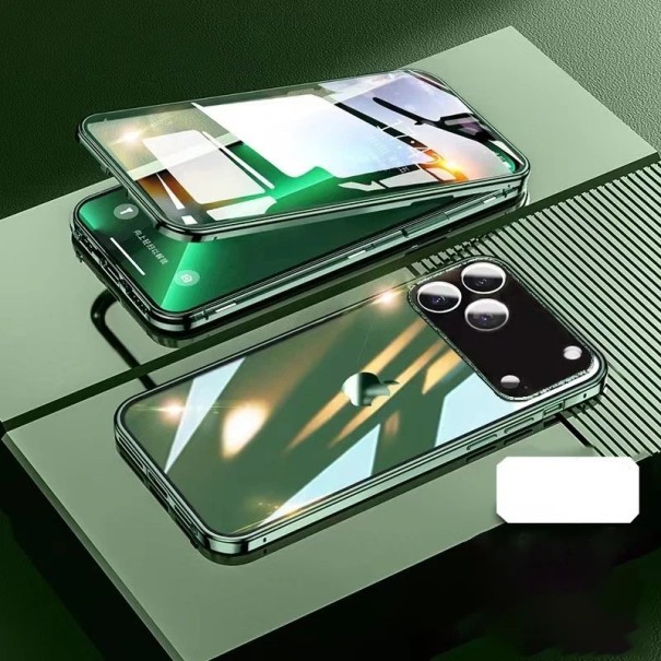 Kovový magnetický oboustranný skleněný kryt pro iPhone 17 Pro s zacvakávacím zámkem hliníková slitina ochranný kryt zelená