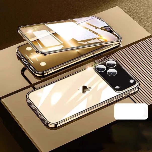 Kovový magnetický oboustranný skleněný kryt pro iPhone 17 Pro s zacvakávacím zámkem hliníková slitina ochranný kryt zlatá