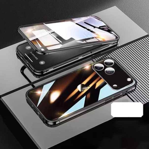 Kovový magnetický oboustranný skleněný kryt pro iPhone 17 s zacvakávacím zámkem hliníková slitina ochranný kryt černá