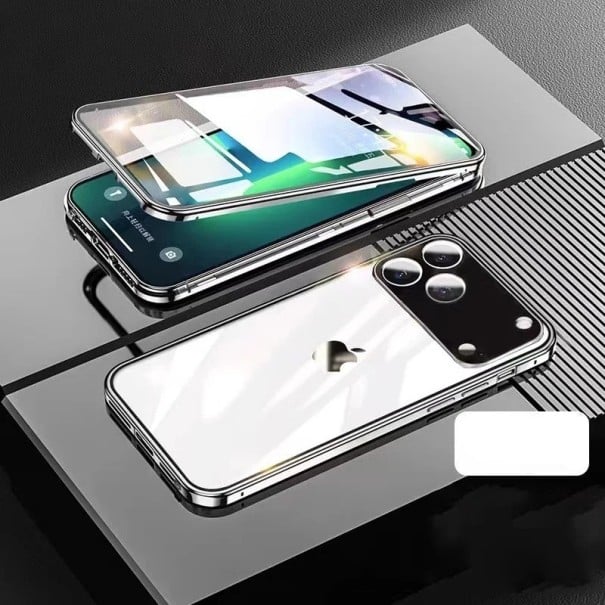 Kovový magnetický oboustranný skleněný kryt pro iPhone 17 s zacvakávacím zámkem hliníková slitina ochranný kryt stříbrná