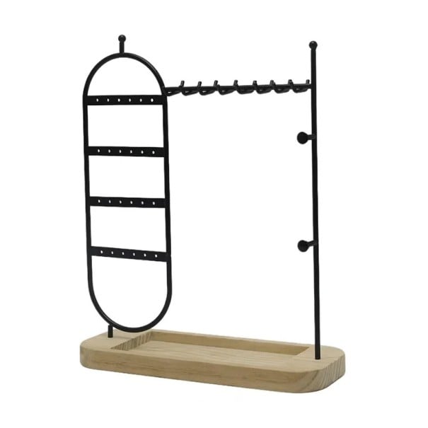 Kovový stojan na šperky 27 × 34 cm Stolní organizér na náušnice náhrdelníky náramky držák šperků s háčky a podstavcem černá