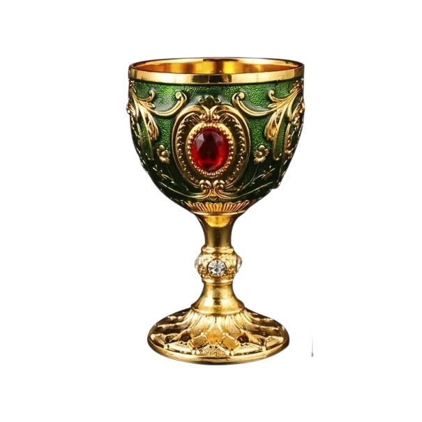 Kovový vintage kalich 7 x 4,3 cm Malý dekorativní pohár na víno Retro styl Elegantní ozdobný pohárek Historická dekorace stolování zelená