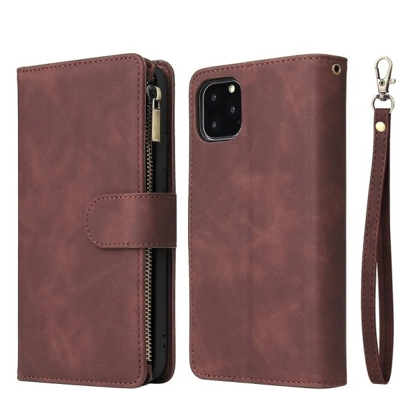 Kožené pouzdro pro iPhone 17 Pro Peněženkové provedení Magnetický odklápěcí kryt Ochranný obal s přihrádkami kávová