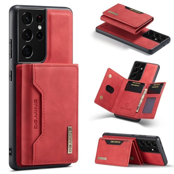 Kožený ochranný kryt s magnetickým pouzdrem na karty pro Samsung Galaxy S23 Ultra červená