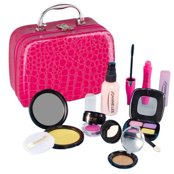 Kozmetický kufrík 20 x 8 x 19 cm Make-up sada pre deti 12 kusov Stimulované líčivé produkty s rúžom riasenkou tieňmi púdrom a ďalšími doplnkami tmavo ružová
