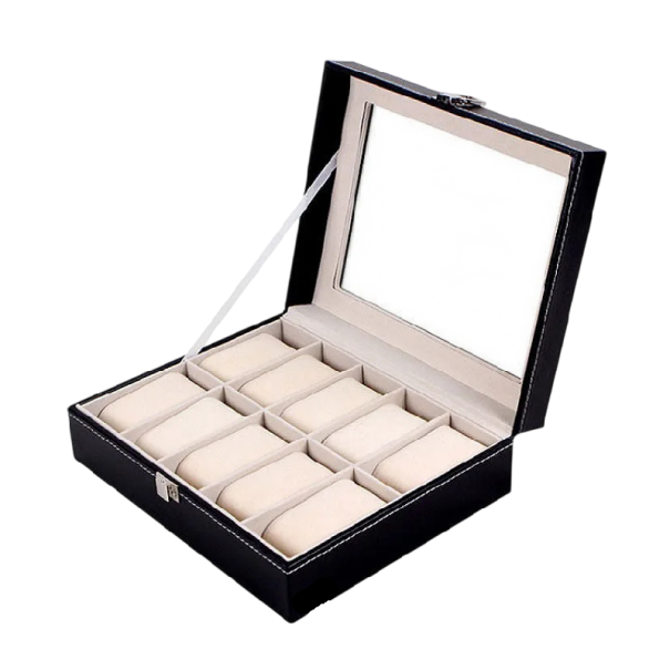 Krabička na hodinky s 10 slotmi 25x20x8 cm PU koža s priehľadným viečkom na uloženie a vystavenie hodiniek doma béžová