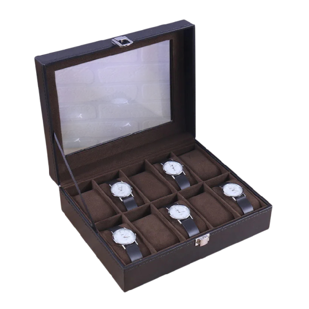 Krabička na hodinky s 10 sloty 25x20x8 cm PU kůže s průhledným víkem pro uložení a vystavení hodinek doma box hnědá