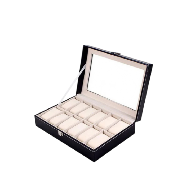 Krabička na hodinky s 12 slotmi 30x20x8 cm PU koža s priehľadným viečkom pre uloženie a organizáciu hodiniek doma béžová