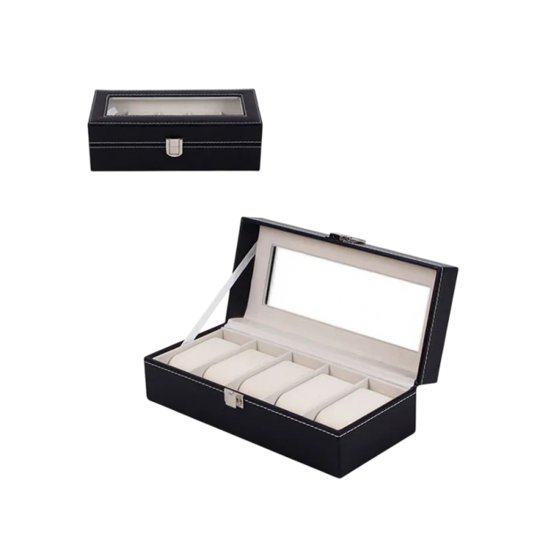 Krabička na hodinky s 5 sloty 25x11x8 cm PU kůže s průhledným víkem pro uložení a vystavení hodinek v domácnosti 1