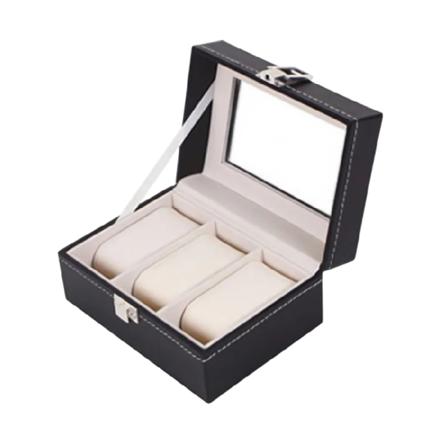 Krabička na hodinky se 3 sloty na zámek 15,8x11x8 cm PU kůže úložný box pro tři hodinky s polštářky a víkem 1