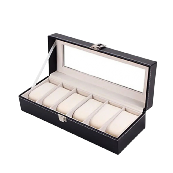 Krabička na hodinky se 6 sloty 30x11x8 cm PU kůže s průhledným víkem pro uložení a vystavení hodinek doma béžova
