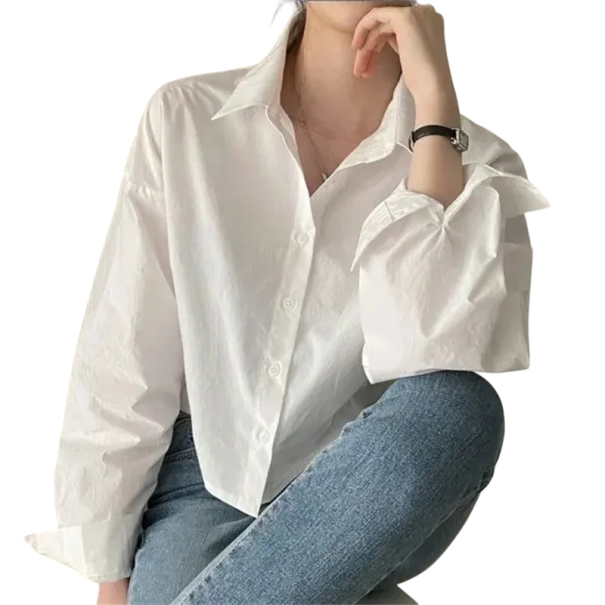 Krátka dámska košeľa s dlhým rukávom Crop strih Ležérny štýl Výstrih do V na chrbte Zapínanie na gombíky Elegantná blúzka na leto biela L
