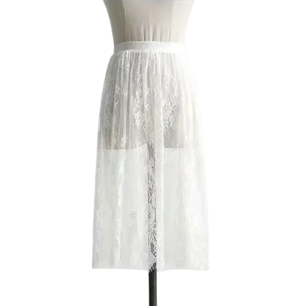 Krátka krajková tylová sukňa s vysokým elastickým pásom Priehľadná elegantná sukňa dĺžka 60 cm Romantická mini sukňa pre fotenie a oslavy biela S