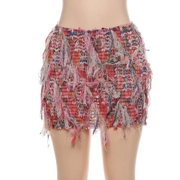Krátka priehľadná pletená sukňa so strapcami Sexy mini sukňa pre ženy Tenká úzka sukňa na pláž a večierky Letná priesvitná sukňa ružová L