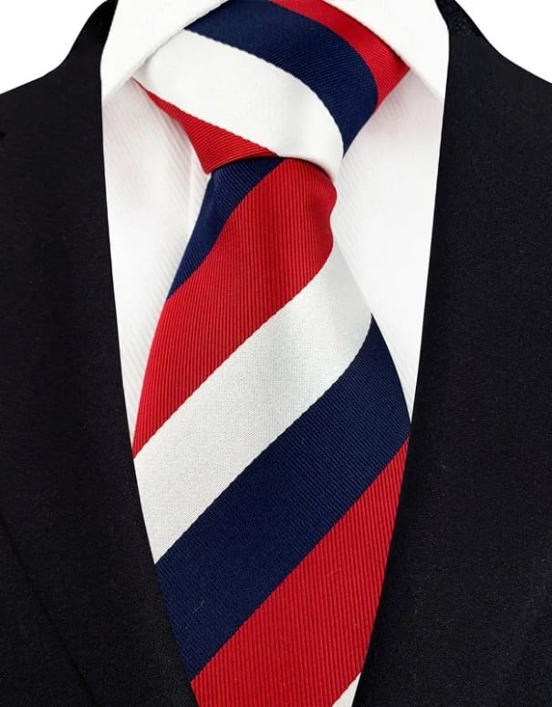 Krawat jedwabny w paski w kolorze niebieskim, czerwonym i białym 145 x 8 cm Luksusowy krawat męski do garnituru Elegancki krawat formalny Formalny 1