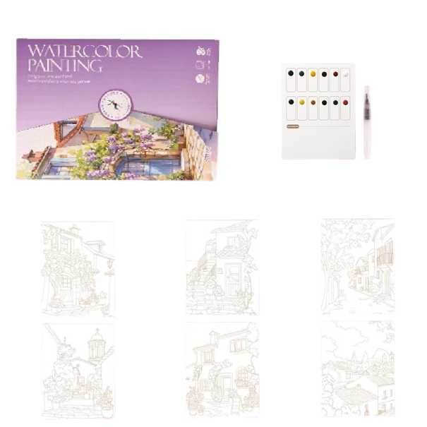 Kreativní akvarelová sada s předtištěnými ilustracemi městských domů 19 × 14,4 cm pigmentová paleta vodní štětec malování doma i na cesty 1