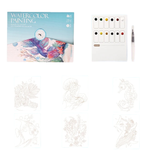 Kreativní akvarelová sada s předtištěnými ilustracemi mořských zvířat 19 × 14,4 cm pigmentová paleta vodní štětec malování doma i na cesty 1