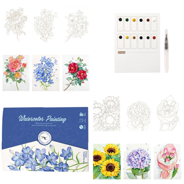 Kreativní akvarelová sada s předtištěnými květinovými ilustracemi 19 × 14,4 cm pigmentová paleta vodní štětec malování doma i na cesty 1