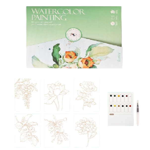 Kreativní akvarelová sada s předtištěnými květinovými motivy 19 × 14,4 cm pigmentová paleta vodní štětec malování doma i na cesty 1