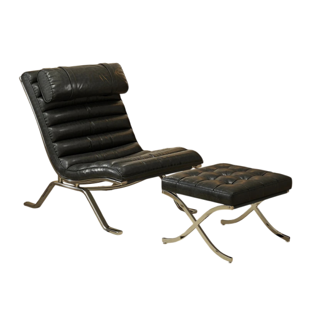 Křeslo s podnožkou v mid-century stylu Výška sedu 40 cm a hloubka sedu 55 cm Ocelový rám a prošívané polstrování Do obývacího pokoje černá