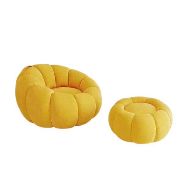 Kreslo v tvare tekvice s podnožkou pohodlné sedenie 80x80x50 cm podnožka 55x55x35 cm dekoratívny nábytok do obývacej izby žltá