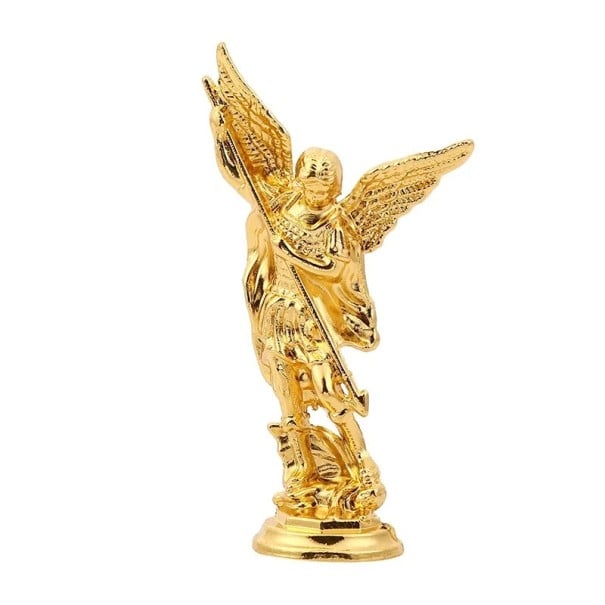 Křesťanská figurka svatého Michaela 8 x 4,2 cm Kovová slitina Náboženská soška archanděla Dekorace oltáře ochranný symbol víry zlatá