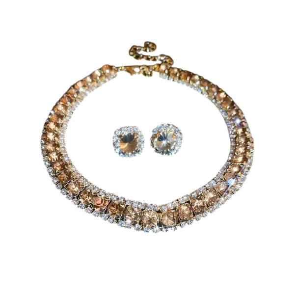 Kristall-Halskette 42 cm und Ohrringe 1,4 cm Luxuriöses Schmuckset für Frauen Hochzeitsfeier Zubehör Zinklegierung golden