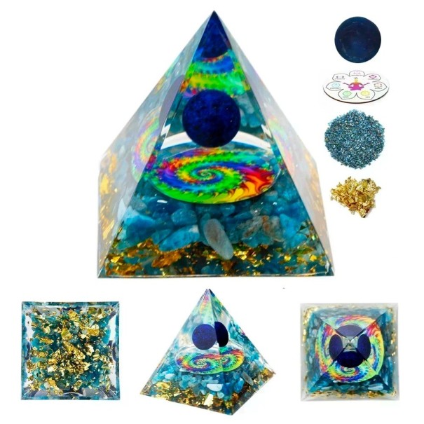 Kristallipyramidi 5x5 cm turkoosilla ja sinisellä kristallilla Sininen chakrapyramidi Terveys, rauha ja harmonia Kultahiutaleet ja energiaspiraali 1