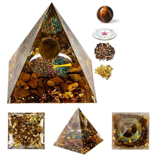 Kristallpyramide 5x5 cm mit Tigerauge Goldbraune Chakrapyramide Selbstvertrauen, Mut und Kraft Goldflocken und Chakraharmonisierung 1