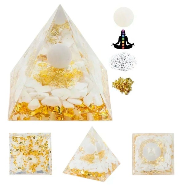 Kristallpyramide 5x5 cm mit weißem Achat Weiße Chakra-Pyramide Linderung von Stress und Müdigkeit Goldflocken und Harmonisierung des Raumes 1