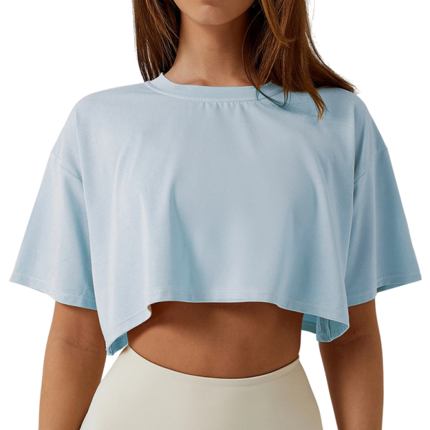 Krótki damski Koszulka z luźnymi rękawami Modny luźny top z krótkim rękawem Elegancka koszulka z talią Stylowa odzież letnia dla kobiet niebieski S