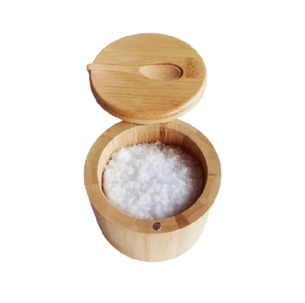 Kruidenpot met deksel en lepel 9 x 7 cm houten lichtbruin vat voor zout en kruiden voor keuken gebruik 1